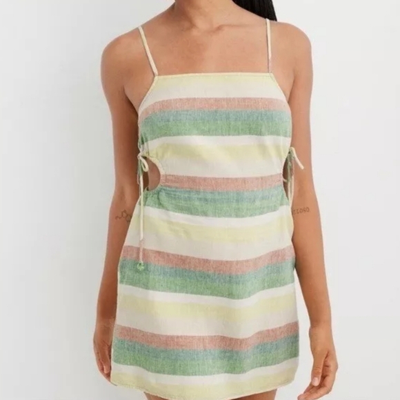 NWT! AERIE, Side Cut Out Mini Dress, Cream/Green Neutral Stripe, Size XL - Picture 2 of 7